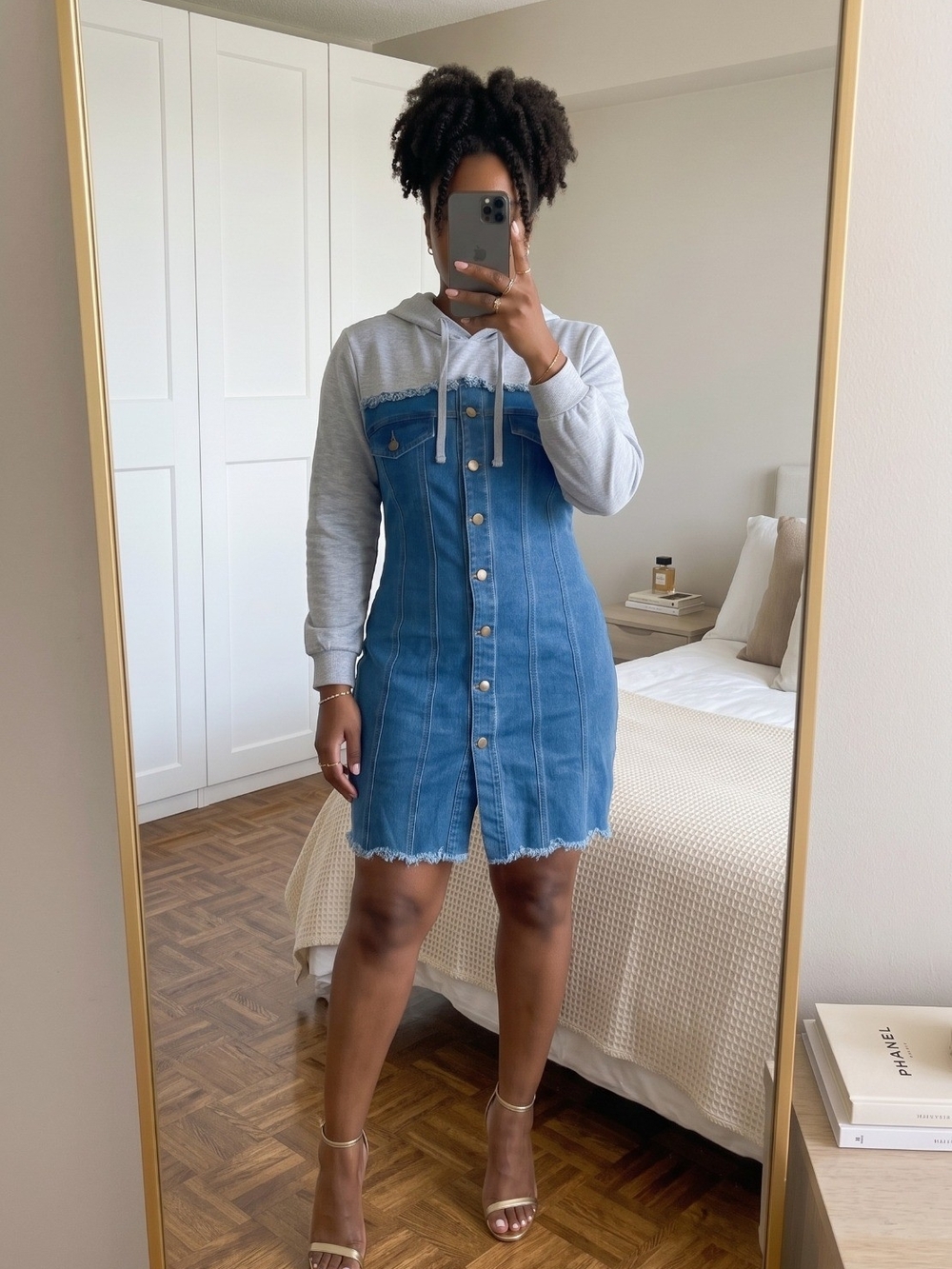 Fashion Nova Blue Denim Button-Front Hoodie Midi Dress